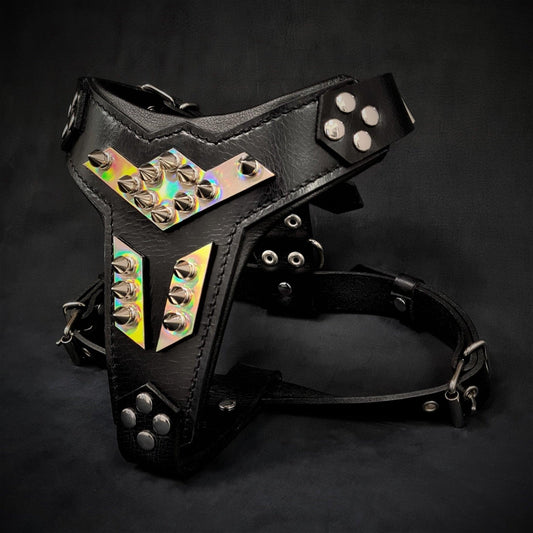 ''Midas'' leather dog harness silver medium size Harnesses