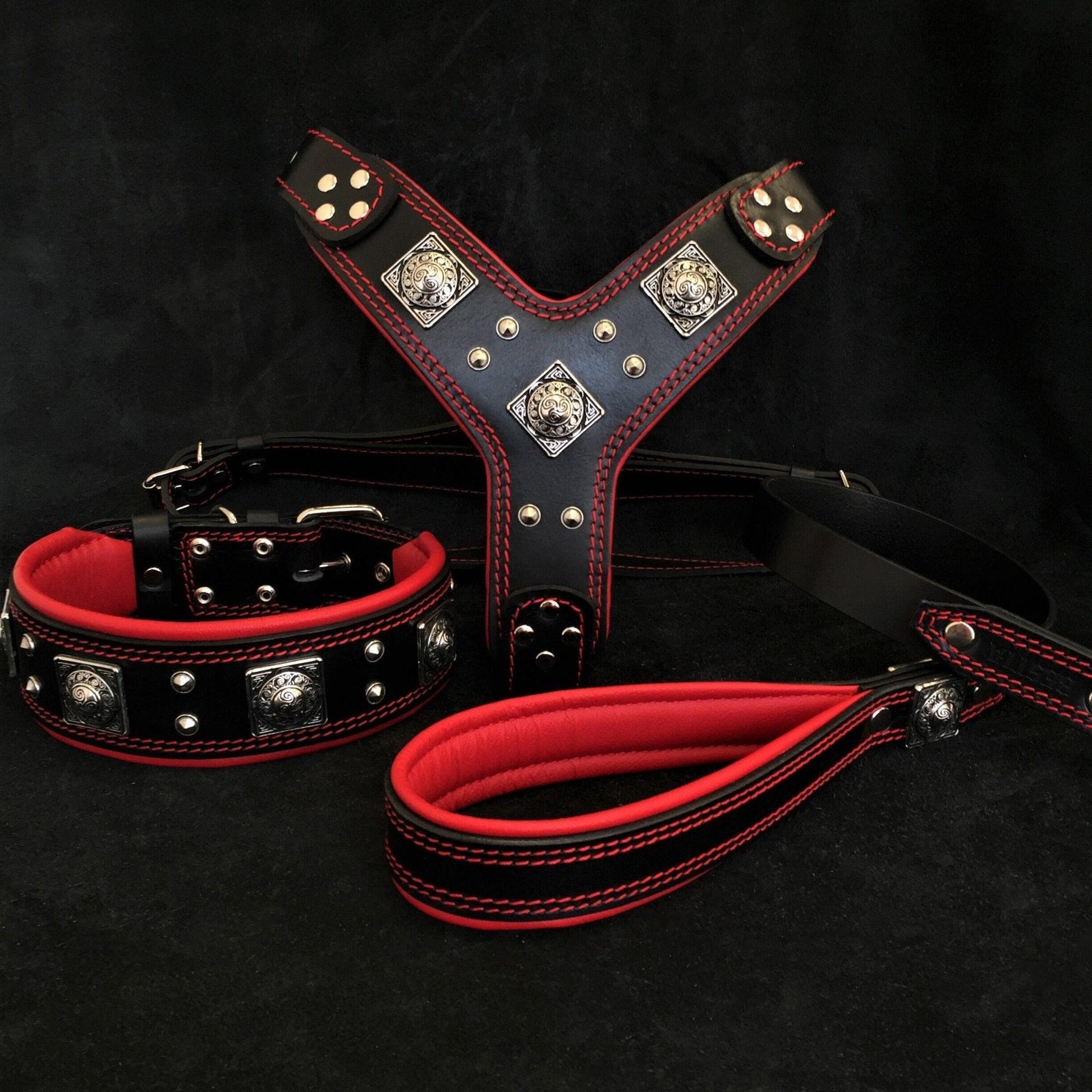 "EROS" BIG dog SET- Harness - collar - lead. Black & Red Leads & Head Collars