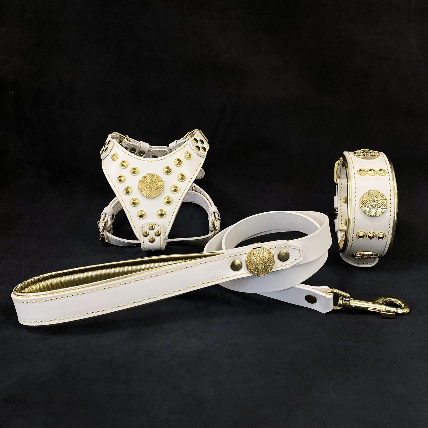 "Maximus White&Gold" Small dog SET – Geschirr – Halsband – Leine