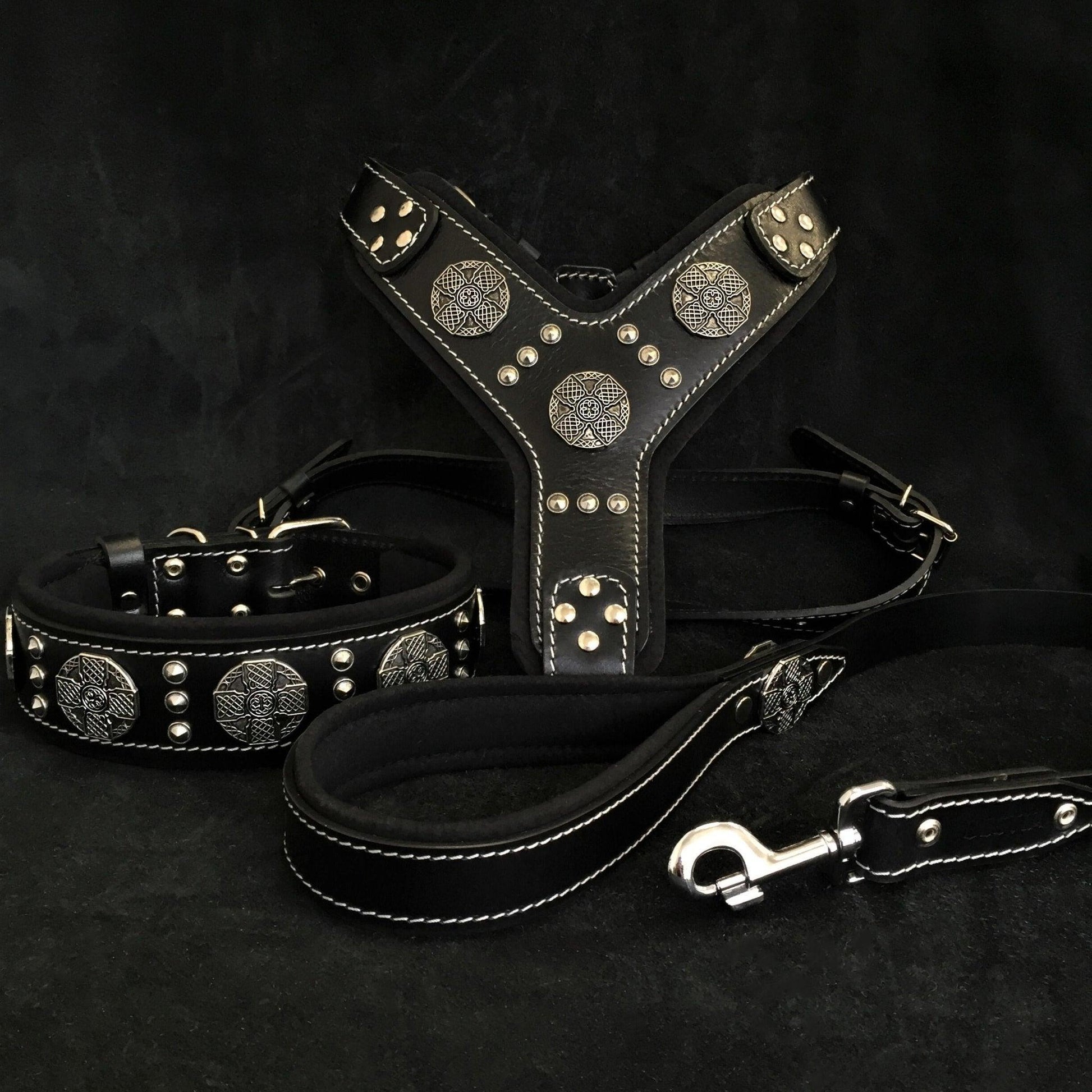 "Maximus Silver" BIG dog SET- Harness - collar - lead. Black Leads & Head Collars