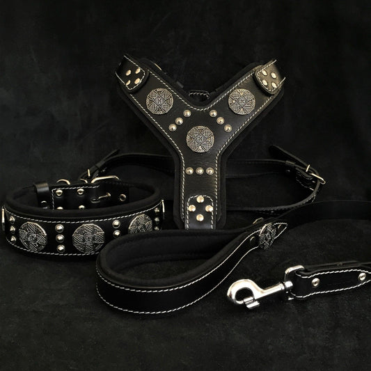 "Maximus Silver" BIG dog SET- Harness - collar - lead. Black Leads & Head Collars