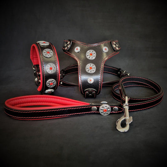 The ''Bijou'' SET - Collar, Harness, Leash. Red Leads & Head Collars