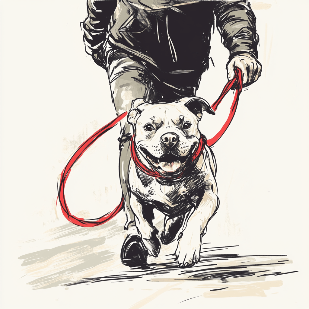 illustarion of a dog running with long red training lash 